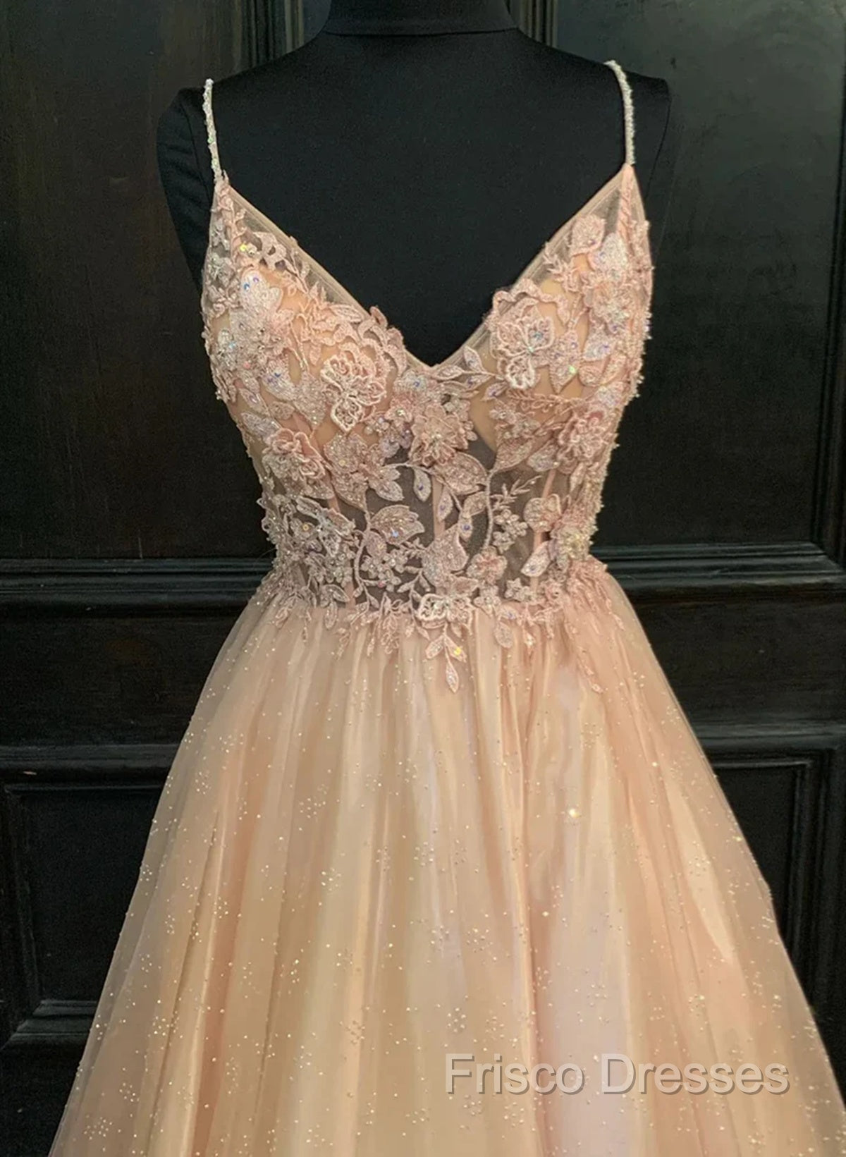 Pink Tulle With Lace Applique Beaded V-Neckline Formal Prom Dress, Pink Long Party Dress Secondary image