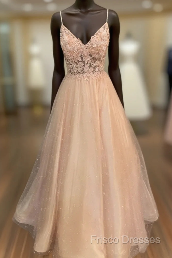 Pink Tulle With Lace Applique Beaded V-Neckline Formal Prom Dress, Pink Long Party Dress Main image