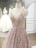 Pink Tulle With Lace Applique Low Back Formal Prom Dress, Pink A-Line Tulle Party Dress