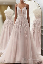 Pink Tulle With Lace Applique Low Back Formal Prom Dress, Pink A-Line Tulle Party Dress