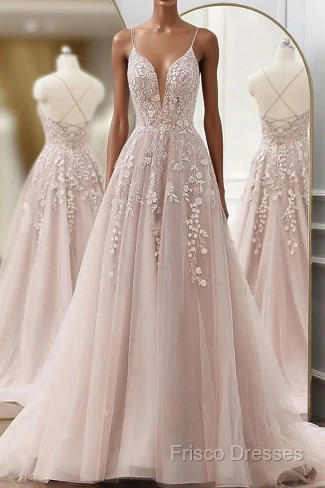 Pink Tulle With Lace Applique Low Back Formal Prom Dress, Pink A-Line Tulle Party Dress