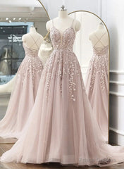 Pink Tulle With Lace Applique Low Back Prom Dress, Pink A-Line Tulle Party Dress