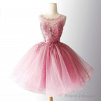 Pink Tulle With Lace Round Neckline Knee Length Party Dress, Pink Homecoming Dresses