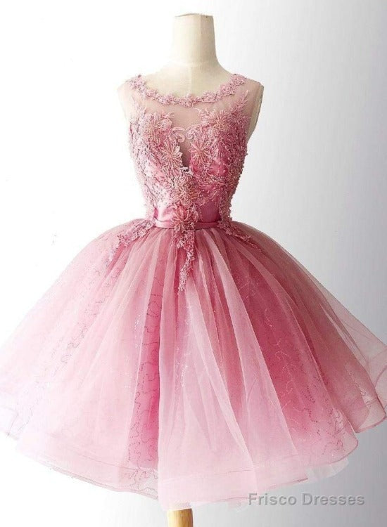 Pink Tulle With Lace Round Neckline Knee Length Party Dress, Pink Homecoming Dresses Main image