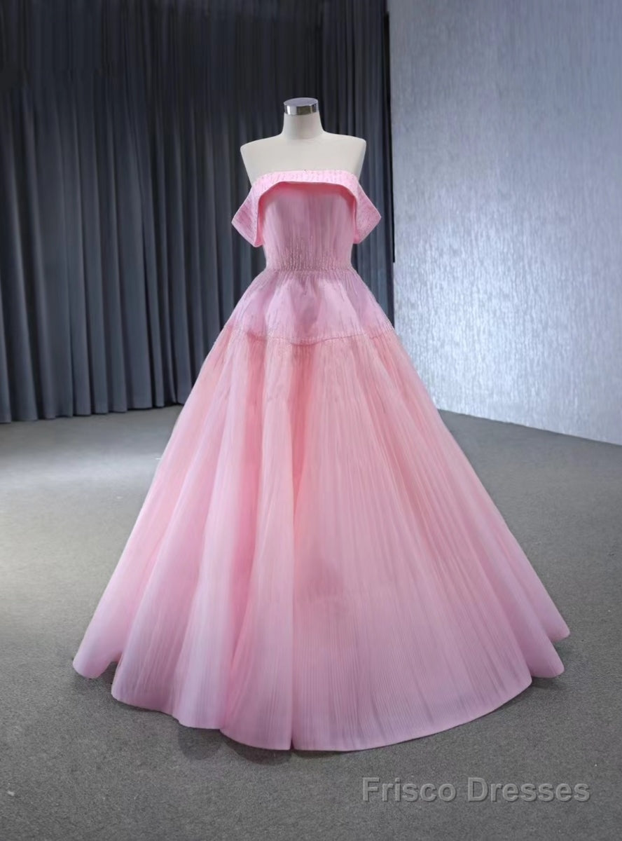 Pink Tullle Strapless Pleats Beading Prom Dress Main image