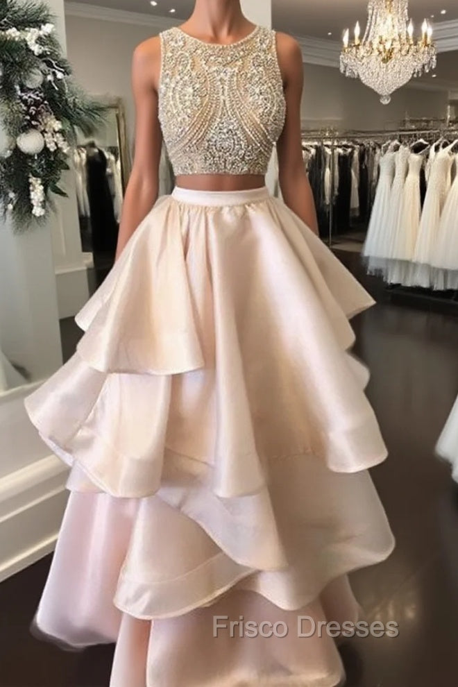 Pink Two Pieces Beaded Long Formal Prom Dress, Pink Evening Dress Main image