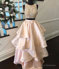 Pink Two Pieces Beaded Long Prom Dress, Pink Evening Dress