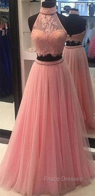 Pink Two Pieces Lace Tulle Long Formal Prom Dress, Pink Evening Dress Secondary image