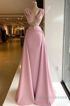 Pink V-Neck Fitted Satin Lace Long Formal Prom Dress