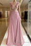 Pink V-Neck Fitted Satin Lace Long Formal Prom Dress