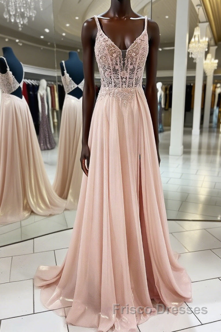 Pink v neck lace chiffon long Formal Prom Dresses, pink formal Dresses Main image