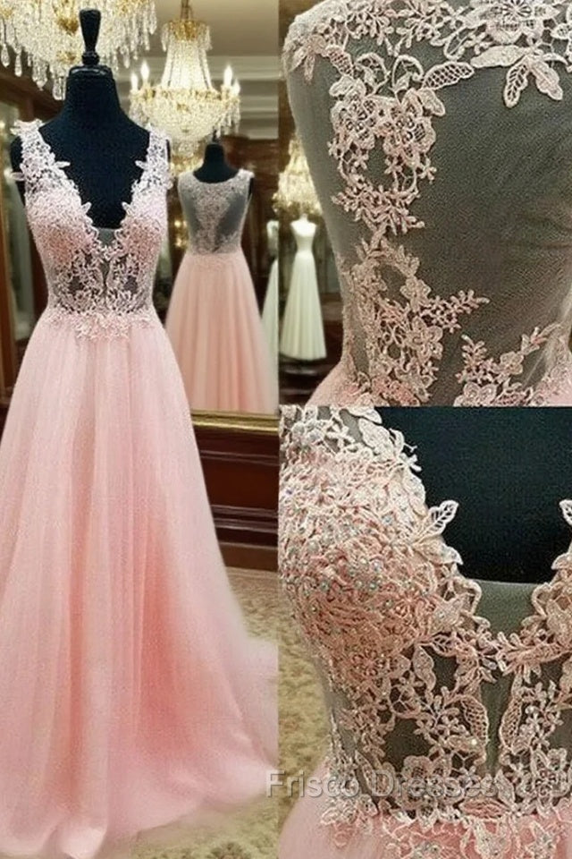 Pink V Neck Lace Long Formal Prom Dress, Pink Evening Dress Main image