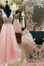 Pink V Neck Lace Long Formal Prom Dress, Pink Evening Dress