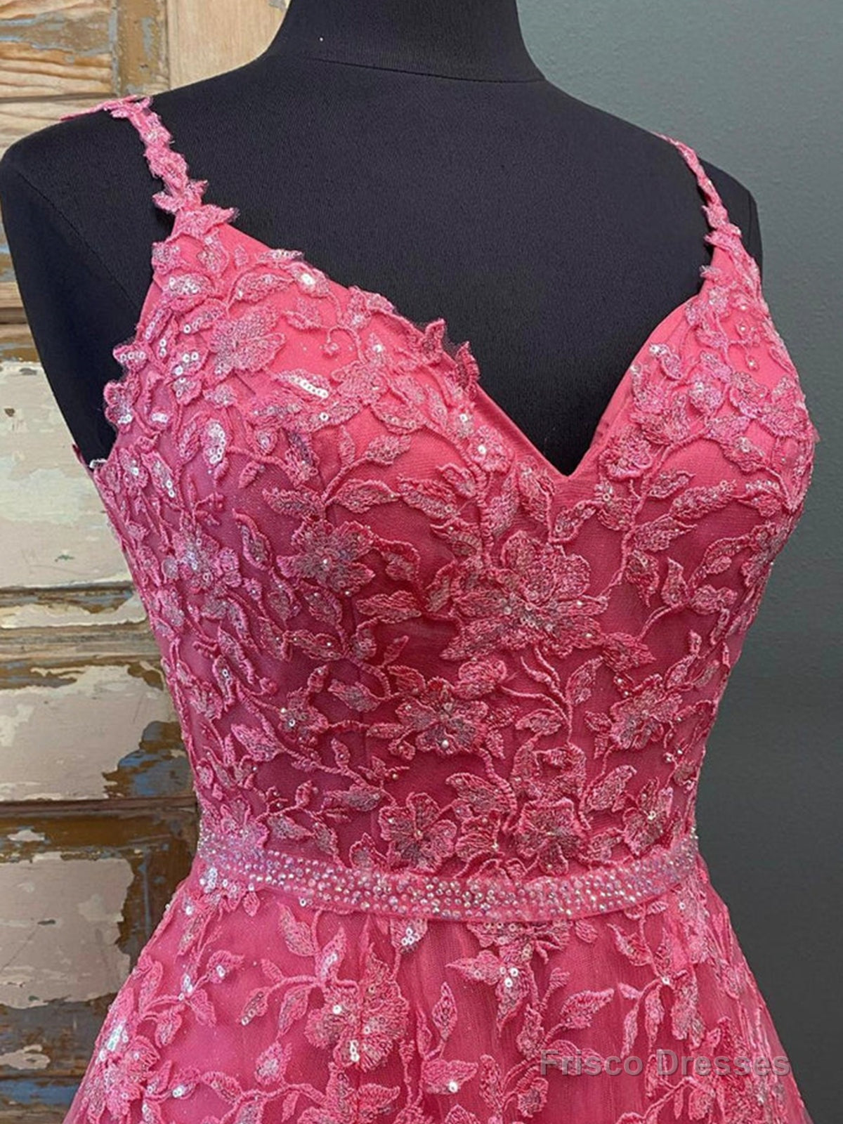 Pink V Neck Lace Long Prom Dresses, Pink V Neck Long Lace Formal Graduation Dresses Secondary image