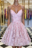 Pink v neck lace short Formal Prom Dresses, pink lace homecoming Dresses