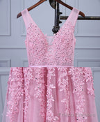 Pink V Neck Lace Tulle Long Prom Dress, Lace Evening Dresses