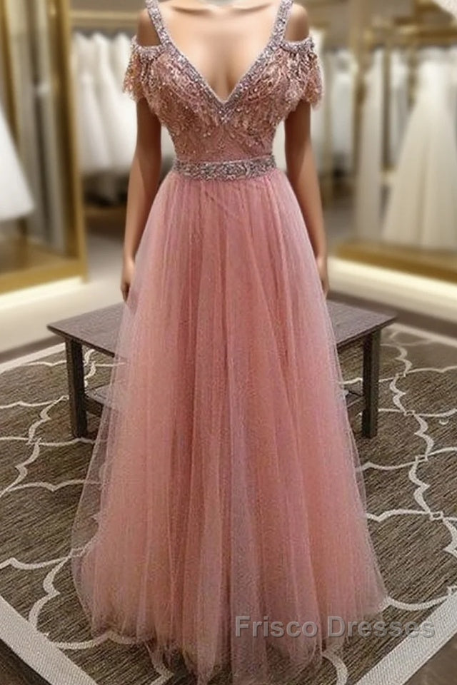 Pink V Neck Lace Tulle Long Formal Prom Dress, Pink Evening Dress