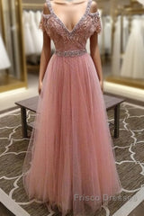 Pink V Neck Lace Tulle Long Formal Prom Dress, Pink Evening Dress