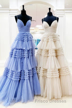Pink V Neck Layers Tulle Long Ball Gown,Light Blue A Line Spaghetti Strap Evening Dress
