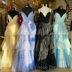 Pink V Neck Layers Tulle Long Ball Gown,Light Blue A Line Spaghetti Strap Evening Dress