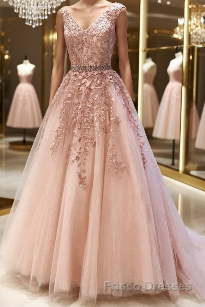 Pink V Neck Long Lace Formal Prom Dresses, Pink V Neck Long Lace Formal Evening Dresses Main image