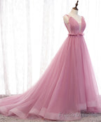 Pink V Neck Long Prom Dress, Aline Pink Formal Evening Dresses