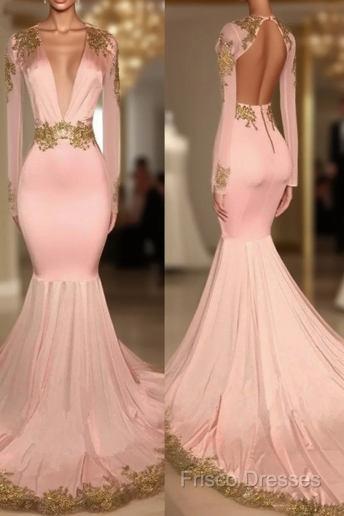 Pink V Neck Long Sleeves Mermaid Formal Prom Dress Affordable Formal Dress Main image