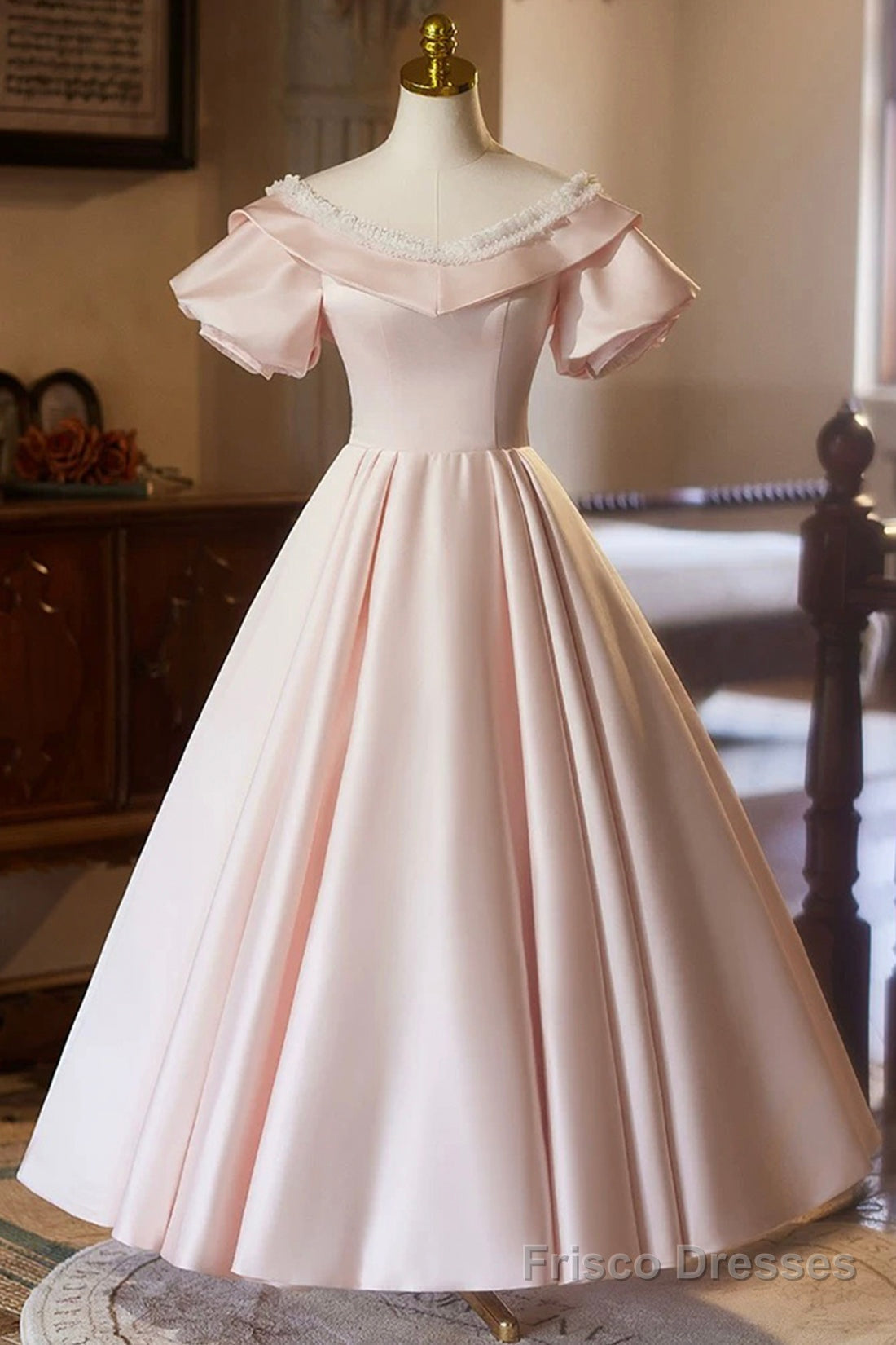 Pink V-Neck Satin A-Line Prom Dress, Beautiful Short Sleeve Evening Party Dress Main image