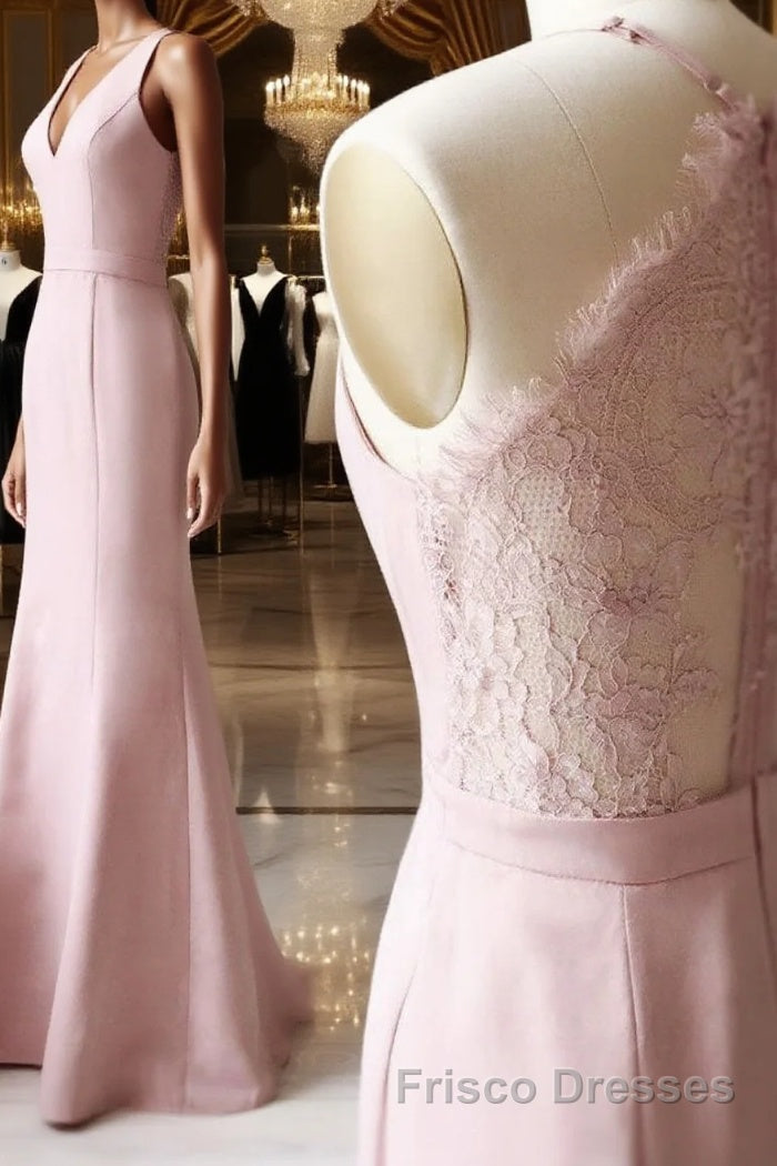 Pink v neck satin lace long Formal Prom Dresses, lace bridesmaid Dresses Main image