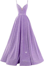 Pink V Neck Sequin A Line Formal Prom Dress With Slit