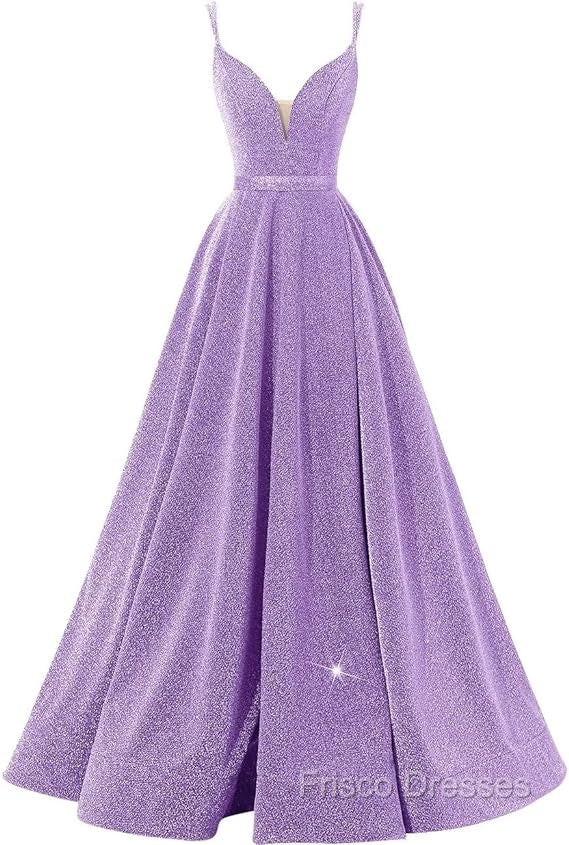 Pink V Neck Sequin A Line Formal Prom Dress With Slit