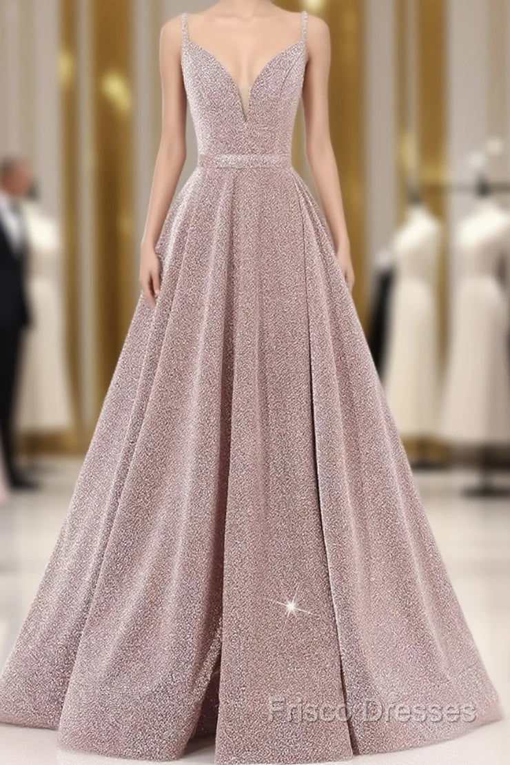 Pink V Neck Sequin A Line Formal Prom Dress With Slit Main image