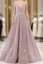 Pink V Neck Sequin A Line Formal Prom Dress With Slit