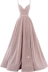 Pink V Neck Sequin A Line Prom Dress With Slit
