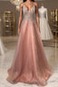 Pink v neck tulle beads long Formal Prom Dresses pink evening Dresses
