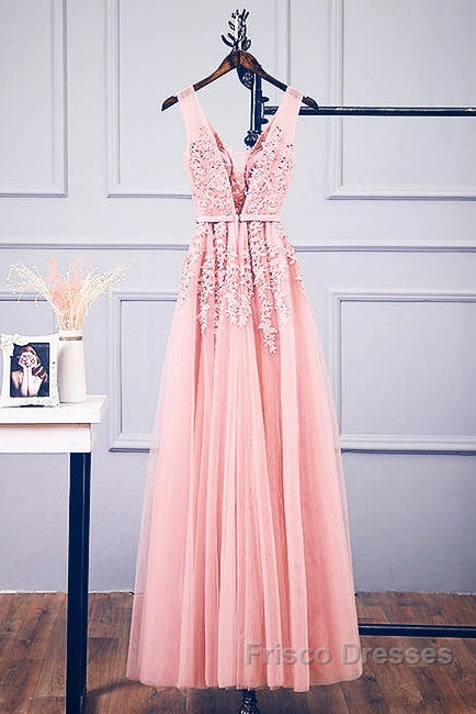 Pink V Neck Tulle Lace Applique Long Formal Prom Dress, Pink Bridesmaid Dress Secondary image