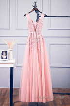 Pink V Neck Tulle Lace Applique Long Formal Prom Dress, Pink Bridesmaid Dress