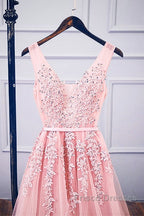 Pink V Neck Tulle Lace Applique Long Formal Prom Dress, Pink Bridesmaid Dress