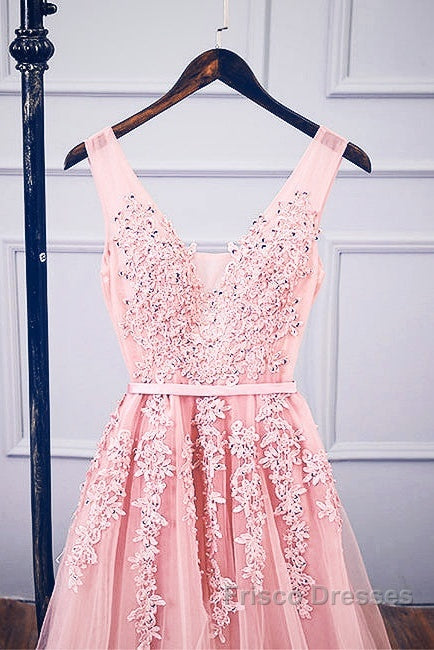 Pink V Neck Tulle Lace Applique Long Formal Prom Dress, Pink Bridesmaid Dress