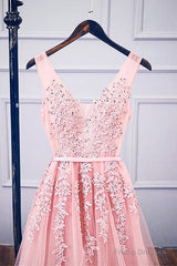 Pink V Neck Tulle Lace Applique Long Prom Dress, Pink Bridesmaid Dress