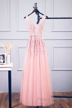Pink V Neck Tulle Lace Applique Long Formal Prom Dress, Pink Bridesmaid Dress