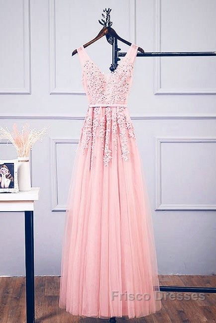 Pink V Neck Tulle Lace Applique Long Formal Prom Dress, Pink Bridesmaid Dress
