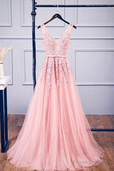 Pink V Neck Tulle Lace Applique Long Prom Dress, Pink Bridesmaid Dress