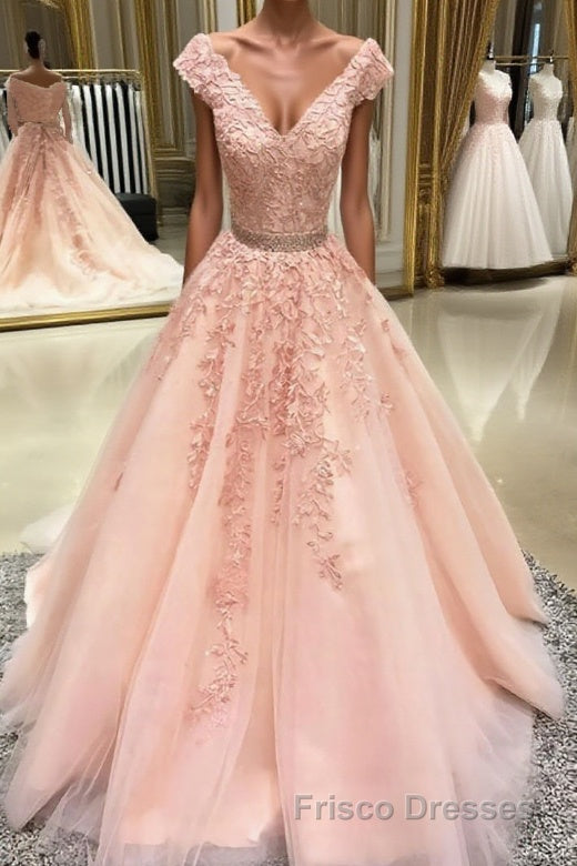 Pink v neck tulle lace applique long Formal Prom Dresses, pink tulle evening Dresses Main image