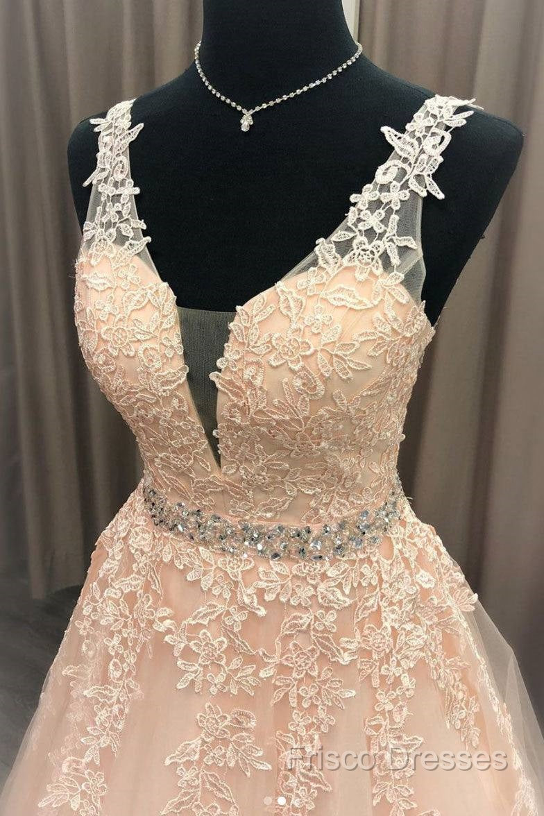 Pink V Neck Tulle Lace Long Formal Prom Dress Pink Formal Dress