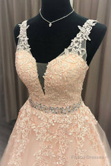Pink V Neck Tulle Lace Long Prom Dress Pink Evening Dress