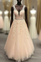 Pink V Neck Tulle Lace Long Formal Prom Dress Pink Formal Dress