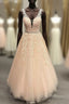 Pink V Neck Tulle Lace Long Formal Prom Dress Pink Formal Dress