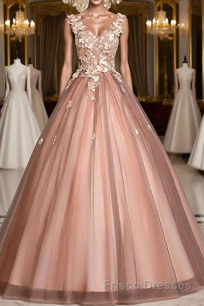 Pink v neck tulle lace long Formal Prom Dresses pink tulle formal Dresses Main image