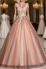 Pink v neck tulle lace long Formal Prom Dresses pink tulle formal Dresses